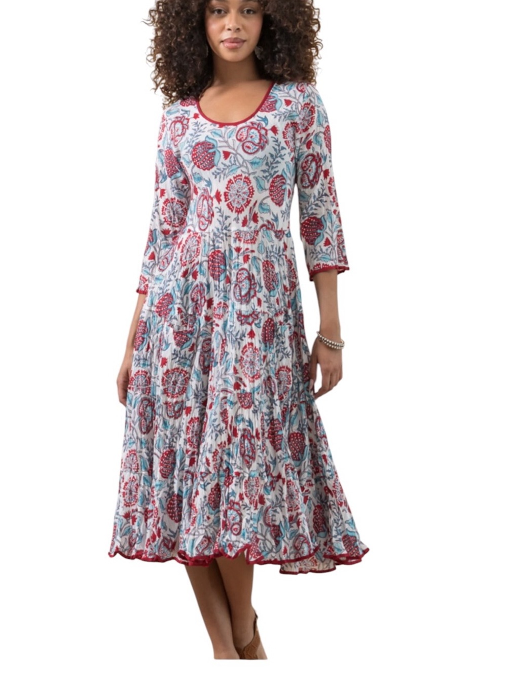 Trade Cloth Santa Fe Midi Dress L 3/4 Sleeve Boho Lagenlook Pockets Artisan Made